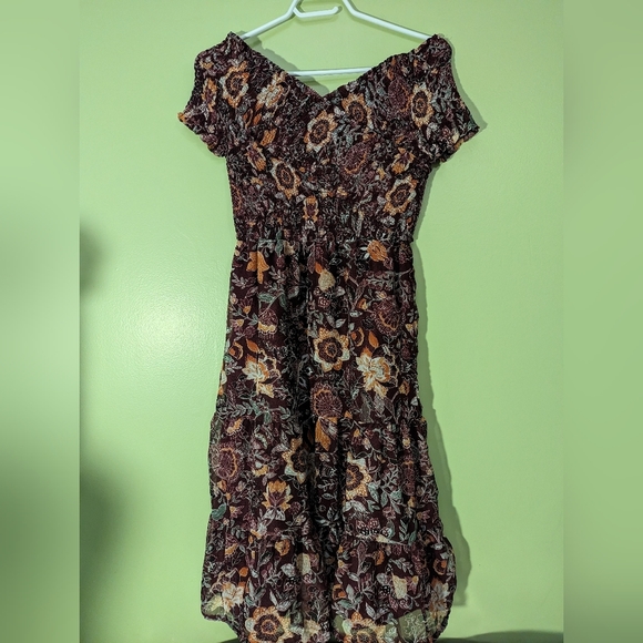 Bb Dakota smock off shoulder criss cross sleeveless dress in purple floral print - Picture 9 of 16